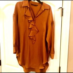 ZARA Satin Caramel Ruffle Long Tunic Womens 2x